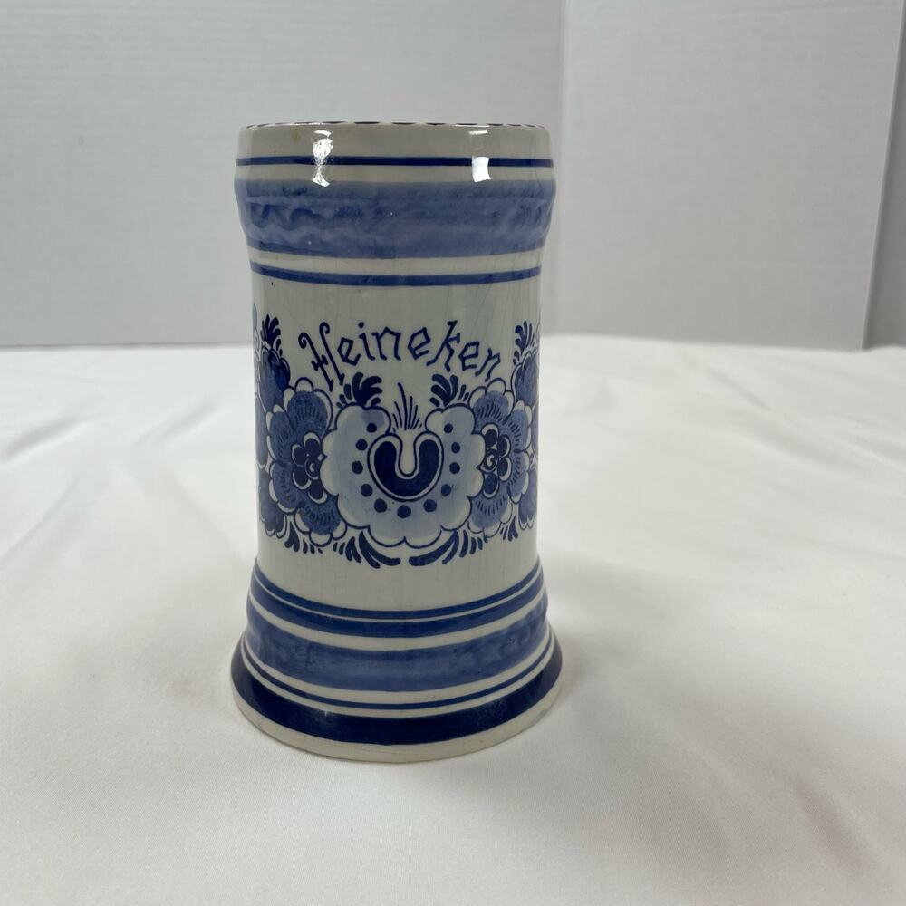 Blue Delft Heineken Beer Stein Mug Hand Painted Blue White Holland 5" Vintage - Picture 3 of 6